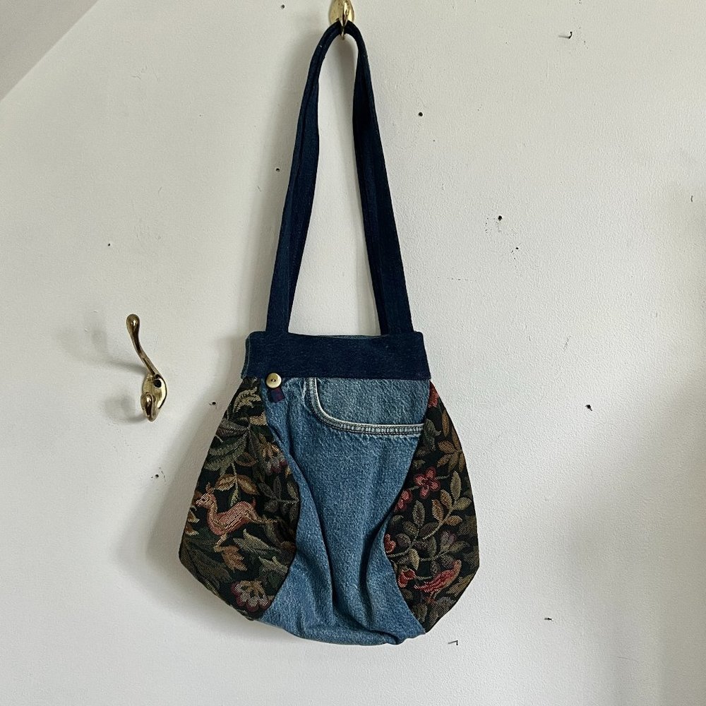 90s Handmade Boho Jean and Floral Bag